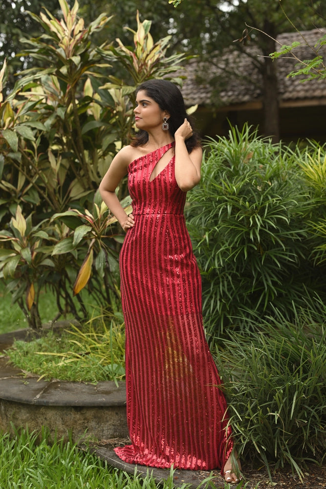 Scarlet Sequin One-Shoulder Evening Gown