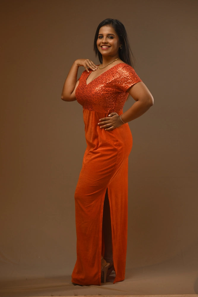 Sunset Orange Sequin & Velvet Maxi Gown