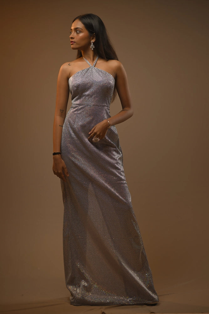 Holographic Silver Halter Neck Shimmer Gown