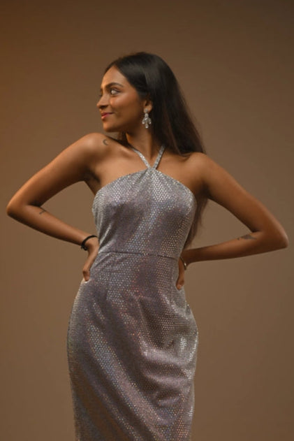 Holographic Silver Halter Neck Shimmer Gown