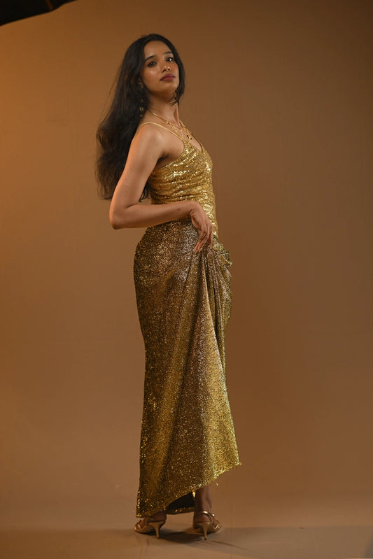 Luxe Gold Sequin Drape Gown with Slit