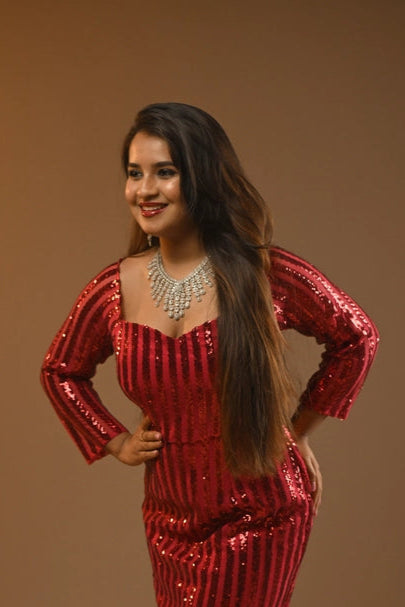 Crimson Sequin V-Neck Slit Gown