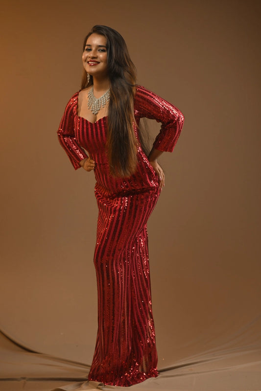 Ruby Red Sequin V-Neck Long Sleeve Gown