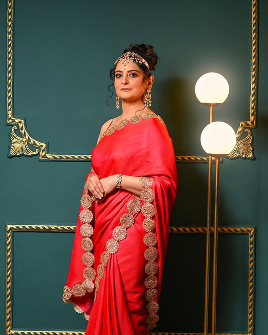 Crimson Red Saree with Gota Work Border