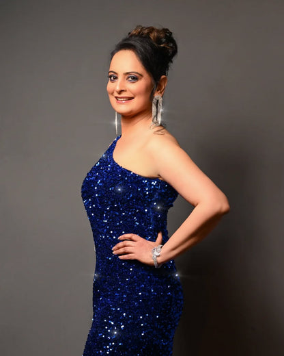 Sapphire Sequin One-Shoulder Evening Gown
