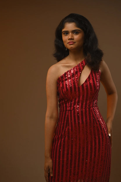 Scarlet Sequin One-Shoulder Evening Gown