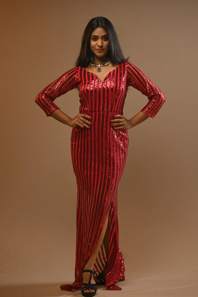Crimson Sequin V-Neck Slit Gown