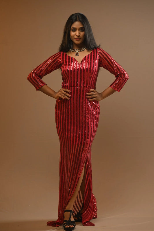 Crimson Sequin V-Neck Slit Gown