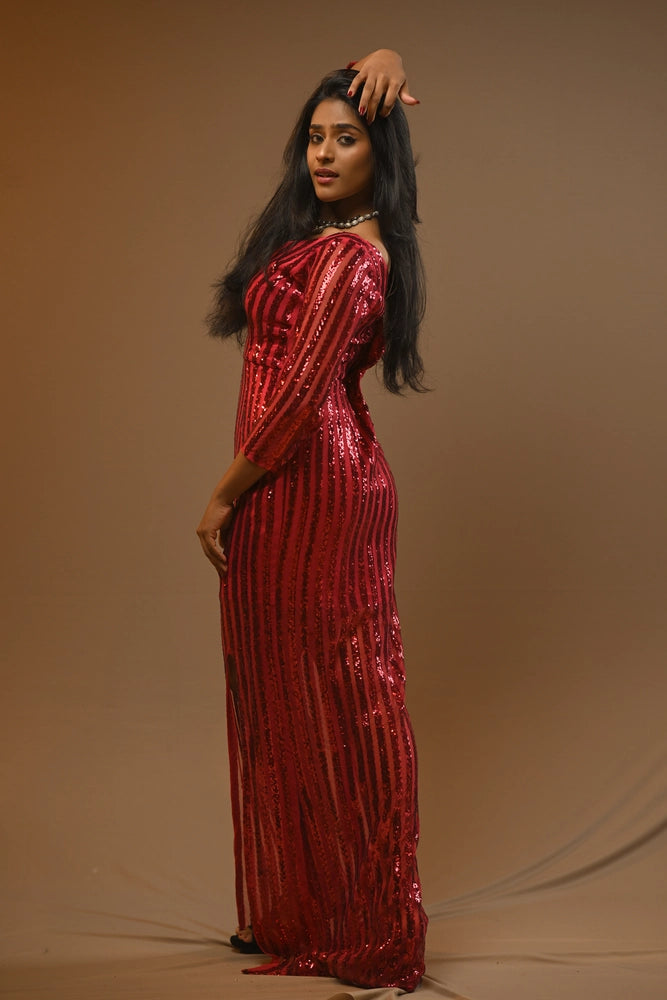 Crimson Sequin V-Neck Slit Gown