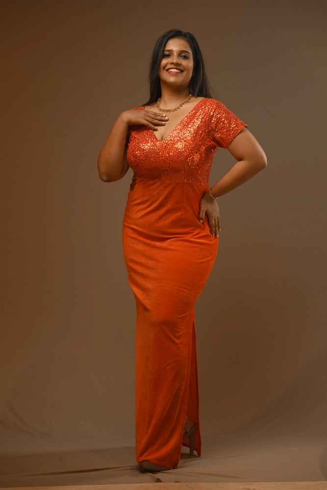 Sunset Orange Sequin & Velvet Maxi Gown