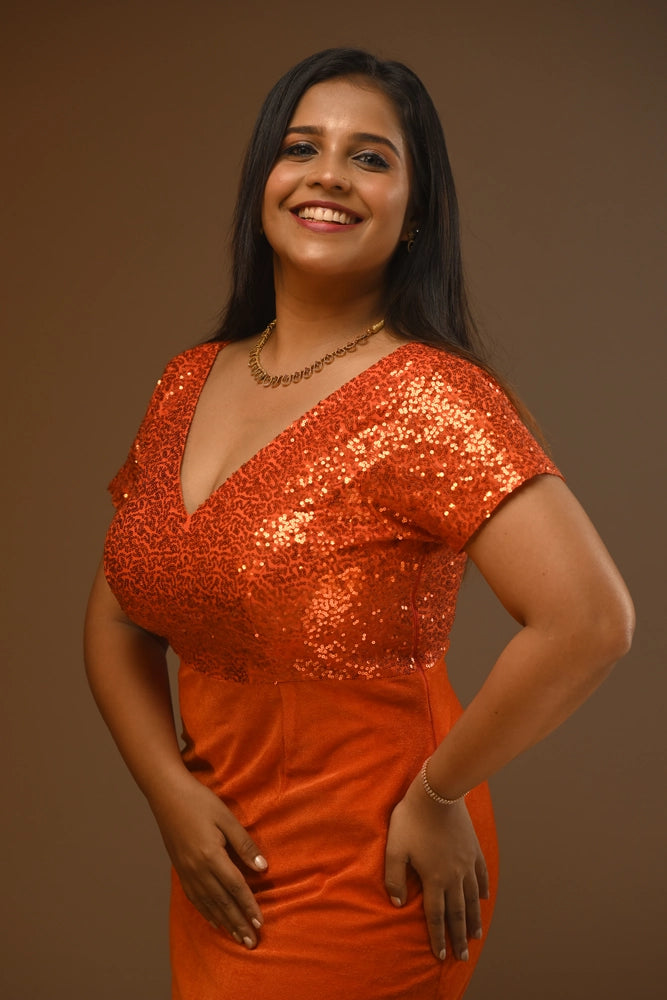 Sunset Orange Sequin & Velvet Maxi Gown