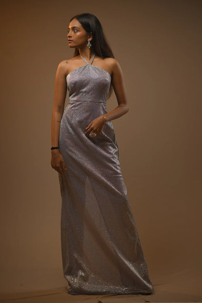 Holographic Silver Halter Neck Shimmer Gown