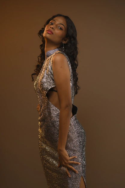 Cutout Sleeveless Ombre Shimmer Gown