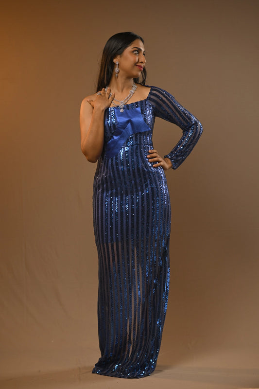 Midnight Blue Sequin One-Shoulder Evening Gown