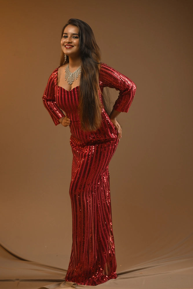 Ruby Red Sequin V-Neck Long Sleeve Gown