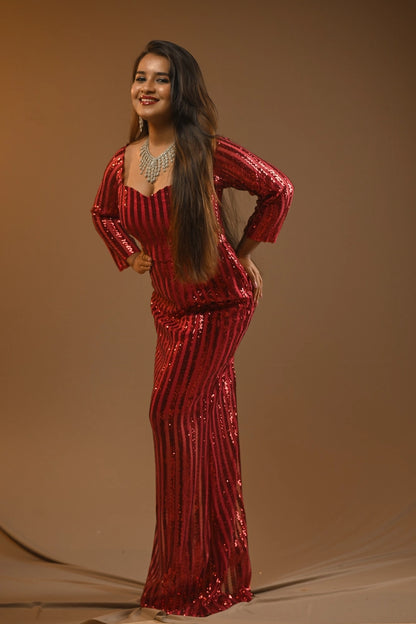 Ruby Red Sequin V-Neck Long Sleeve Gown