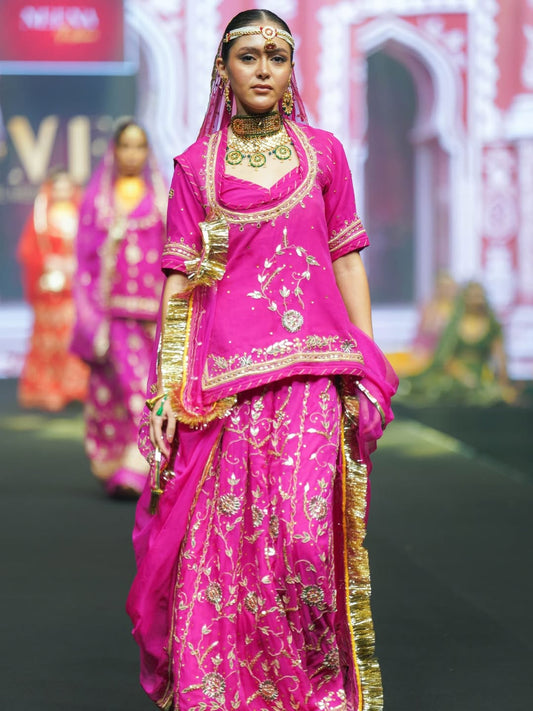 Fuchsia pink and gold embroidered lehenga for wedding - Neena Fashions